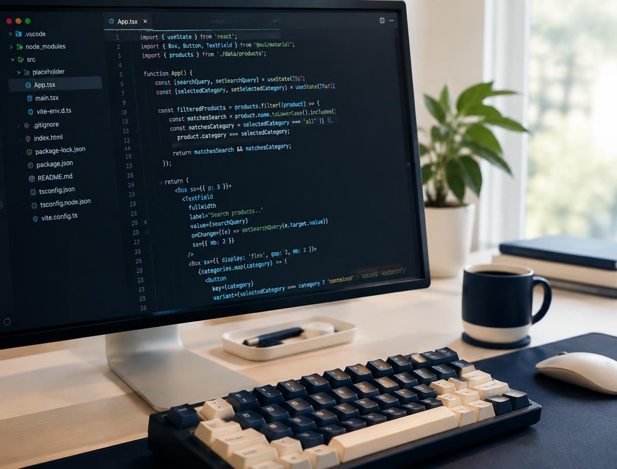 Code editor on a monitor in a calm software engineering workspace